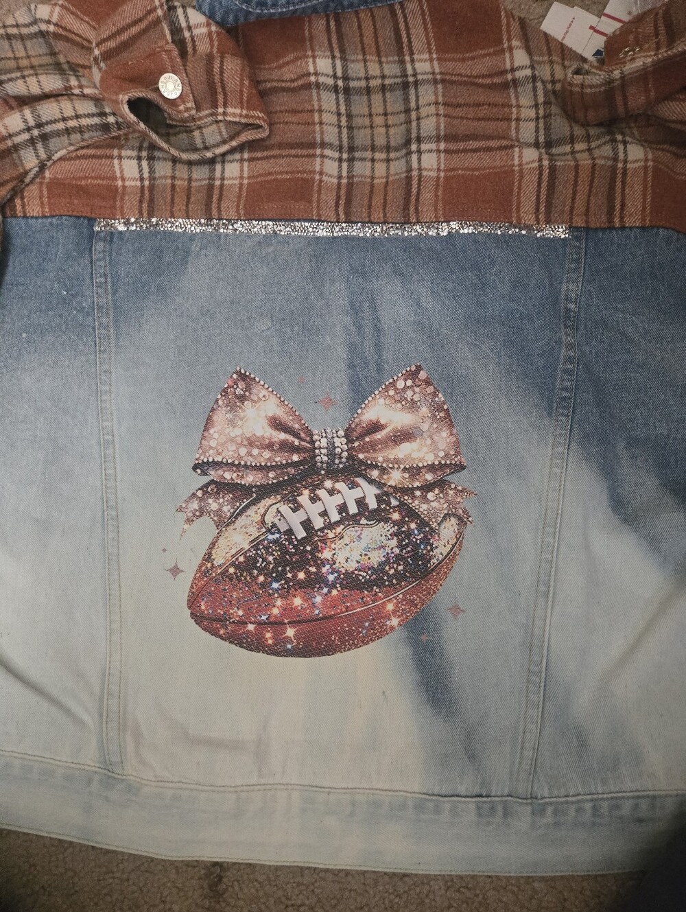 Custom Upcycled Denim Jacket Glitter Football Bow • Plaid Flannel Contrast. J13